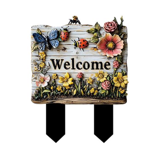 Wooden Decorative Garden Stake, Farmhouse Rustic Flower Butterfly Bee Ladybug Yard Art, Welcome Sign for Outdoor Yard Lawn Patio Pathway