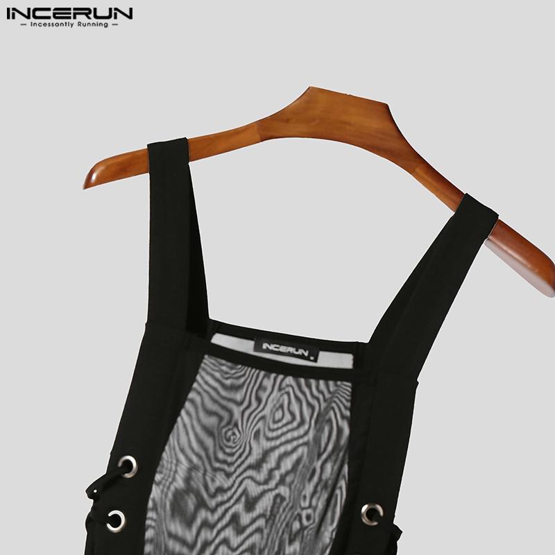 INCERUN Herre Firkantet Krage Ermeløs Mesh Gjennomsiktig Bandasje Slim Jumpsuits Bodysuits