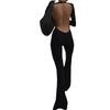 Women Flare Leg Jumpsuit, Fashion Long Sleeve Backless Solid Color Bodycon Romper Pants
