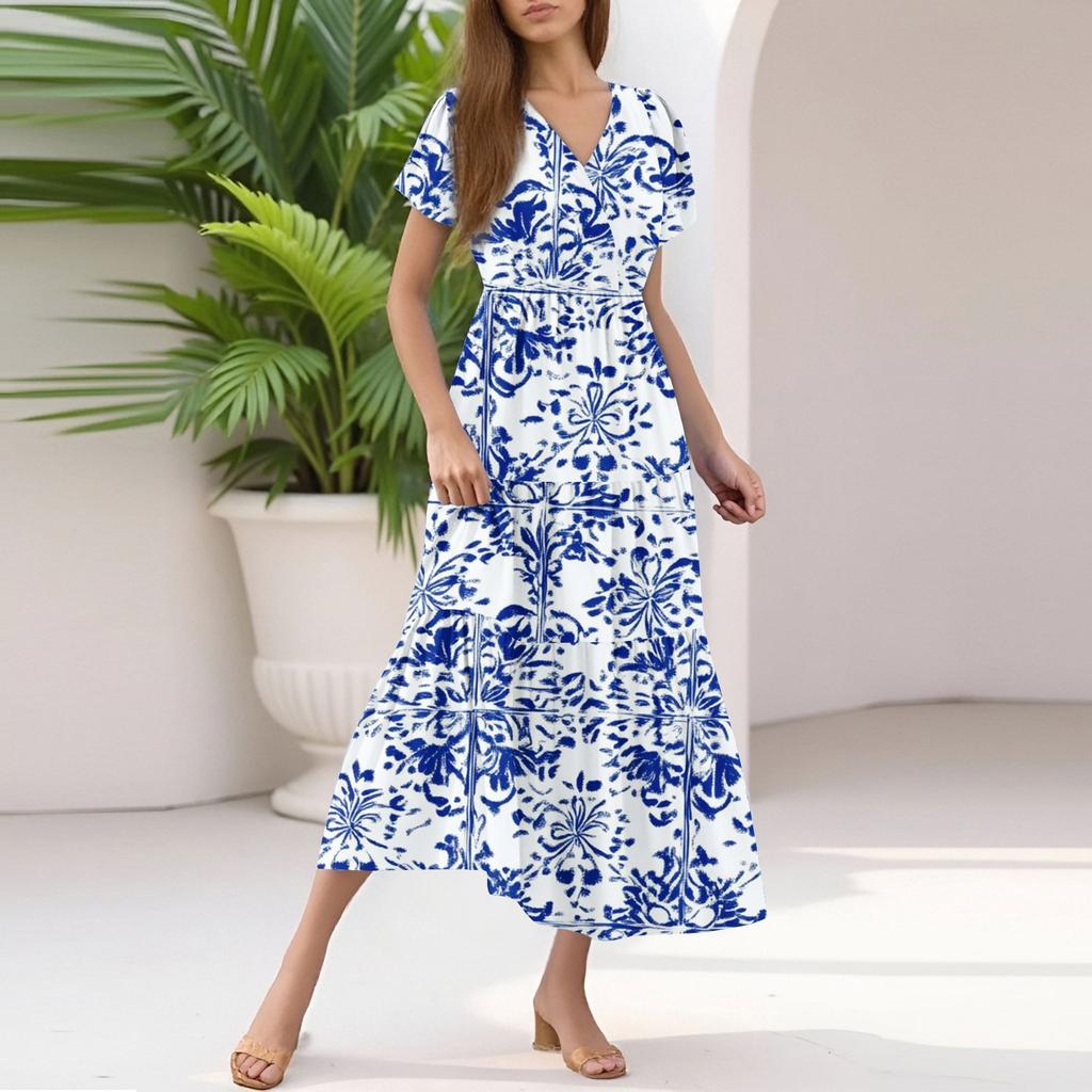 Ladies Summer Casual Fashion V-Neck Ruffle Sleeve Floral Print Midi Dress