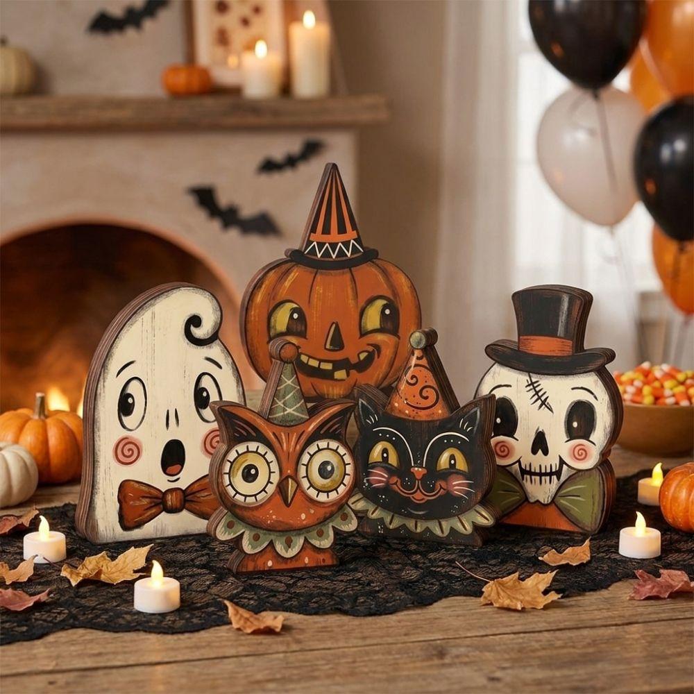 Farmhouse Style Halloween Wooden Tabletop Sign Cartoon Halloween Tiered Tray Decor Shelf Decor
