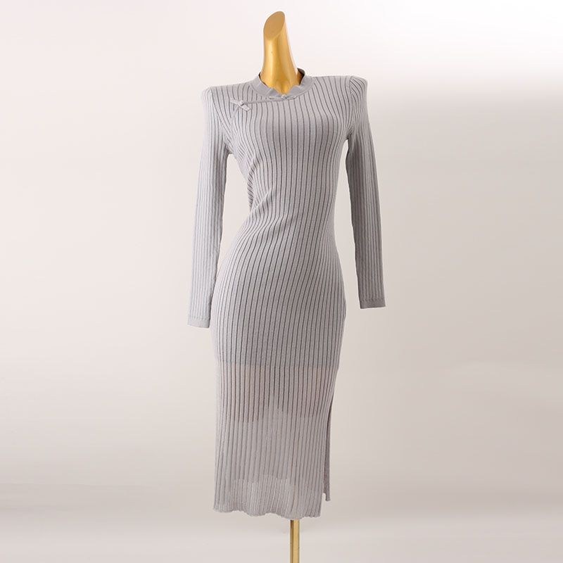 

New Chinese Style Gray Design Sense Dress Sunken Stripe Slim fit Slimming Long sleeve Thin Knitted Hip Skirt Gray L