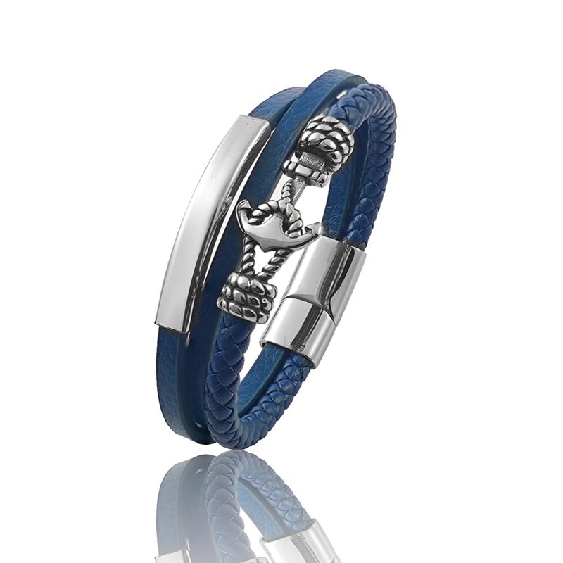 

Trendy Blue Leather Anchor Chain Bracelets for Men Stainless Steel Bracelets for Male Hand-woven Jewelry Gifts Wholesale 20.5cm серебряный