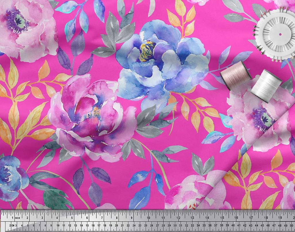 Soimoi Japan Crepe Satin Fabric Leaves & Peony Flower Print Fabric by the Metre 42 Inch