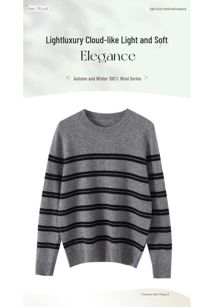 Xiao He Women's Classic Stripe 100% Pure Wool Sweater - Round Neck, Color Block, Loose Fit, Slimming, Soft, and Fluffy.