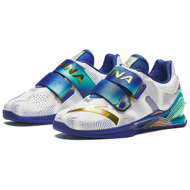 Anta National Team Color Professional Squat Weightlifting Sports Non-Slip Durable Low-Top Training Shoes Men Sneaker White Blue 412440101-6
