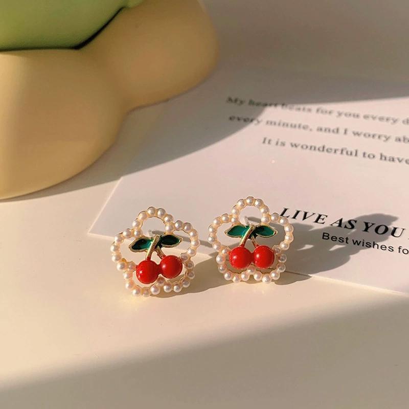 Sweet Lovely Pearl Cherry Stud Earrings For Women Girls Korean Style Jewelry Earrings Gifts