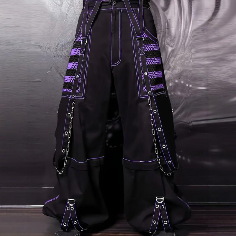 Punk Dark Street Style Wide Leg Pants Women Sheer Mesh Patchwork Loose Trousers