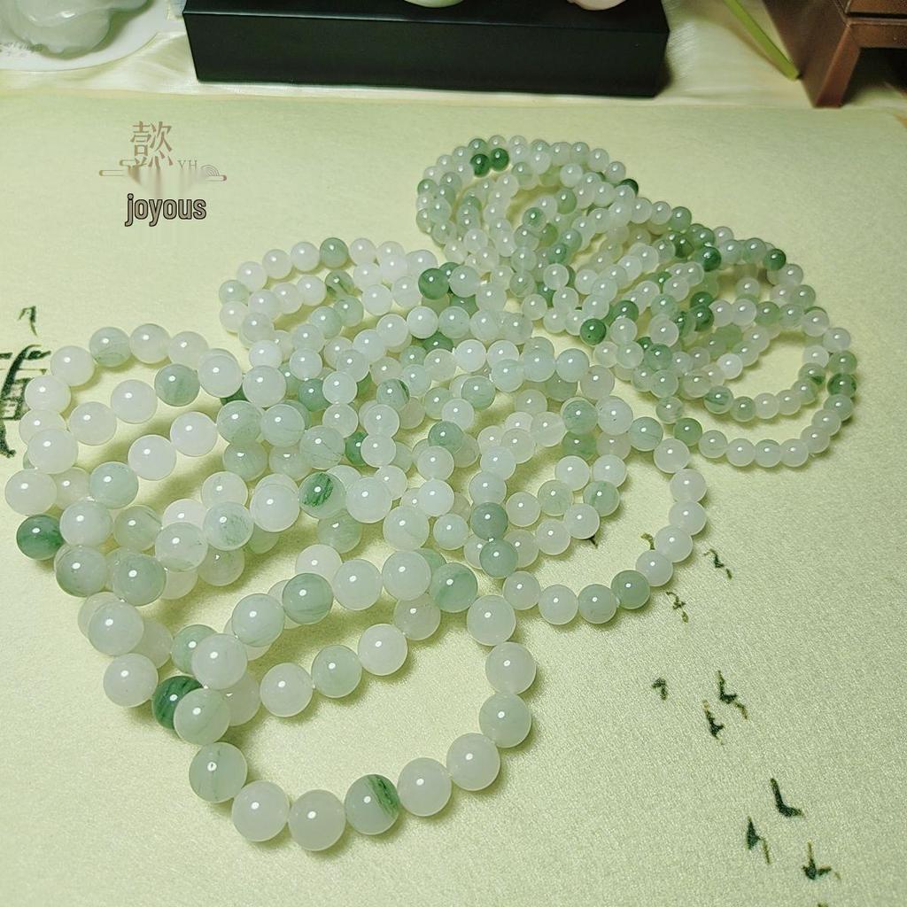 Xinjiang White & Golden Silk Flower Jade Round Bead Bracelet for Women