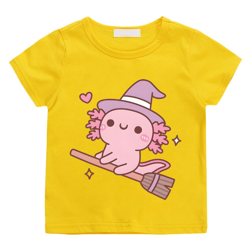 

2026 New Style Cute Axolotl Witch Flying on A Broom T-shirts Boys Girls Children T Shirt Graphic Printing Tshirt 100 жёлтый