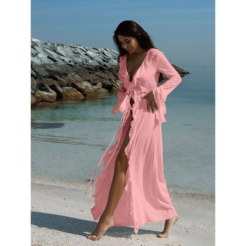

D8730 Spring and Summer New European and American Long sleeve Lace Cardigan Beach Bikini cover-up Pink S