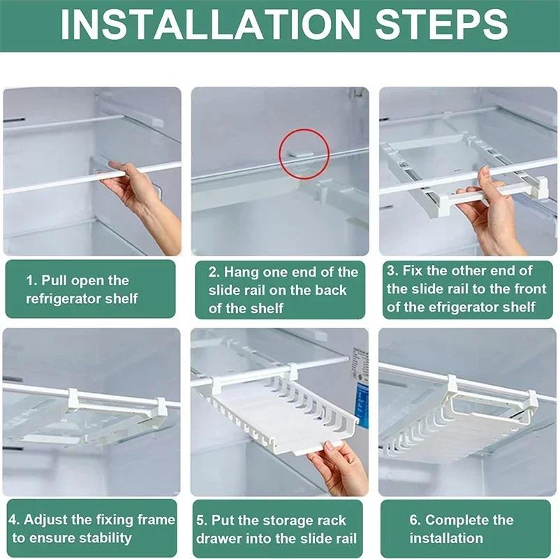Kitchen Portable Telescopic Storage Rack Refrigerator Hanging Storage Clip Multifutional Sliding Rail Tray for Food Bag Zip-bag