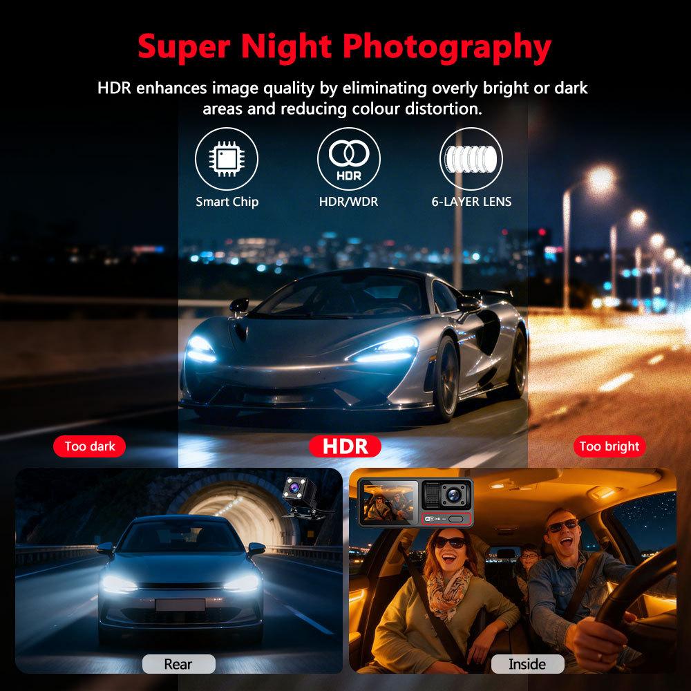 3-Lens Dash Cam, 3-Channel Recording, WiFi, HD, Phone Sync
