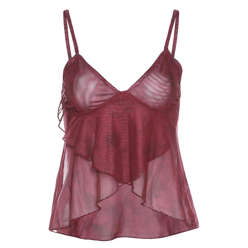 

Модна блуза з сітчастим принтом без спинки, жіноча літня вільна укорочена сорочка без рукавів, жіночий елегантний вінтаж, сексуальні топи з V-подібним вирізом, жіночий одяг 24541 M бордовий