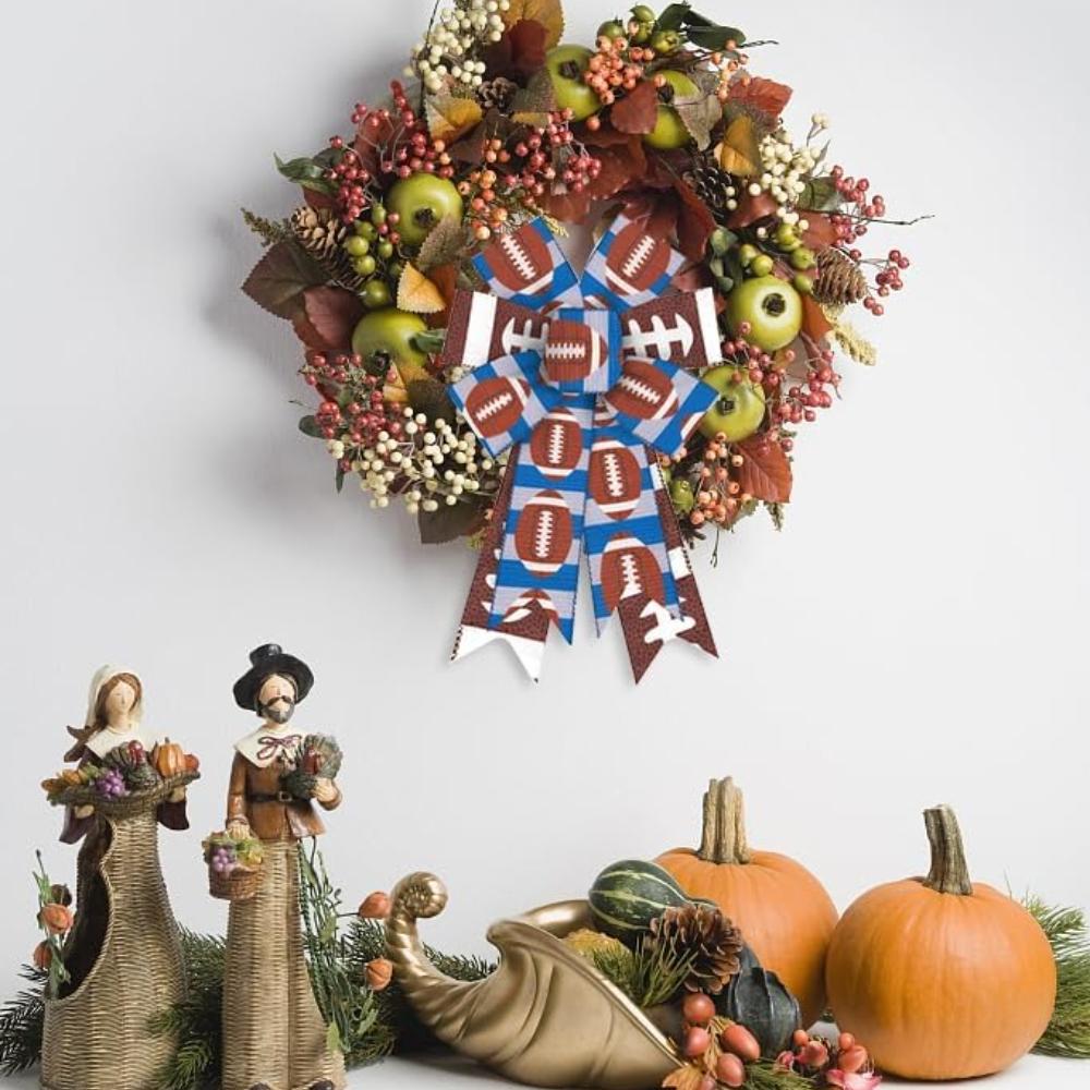 2PCS American Football Wreath Bows for Wreath Blue Gray Strips American Football Burlap Sports Fabric Bows for Decoration