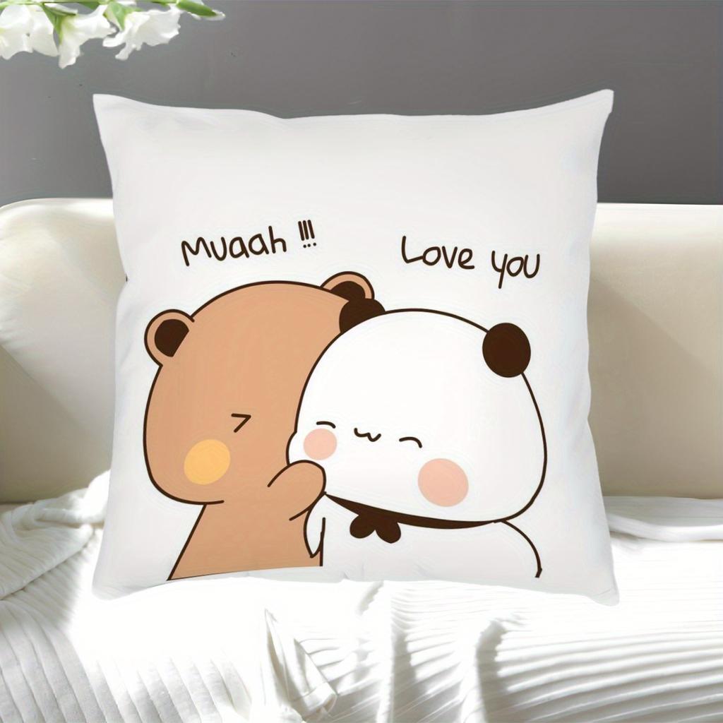 Cute Bear Panda Pillowcase, Love You Kiss Cushion Cover, Cartoon Couple Print, Sweet Animal Decor, Home Textile Throw Pillow