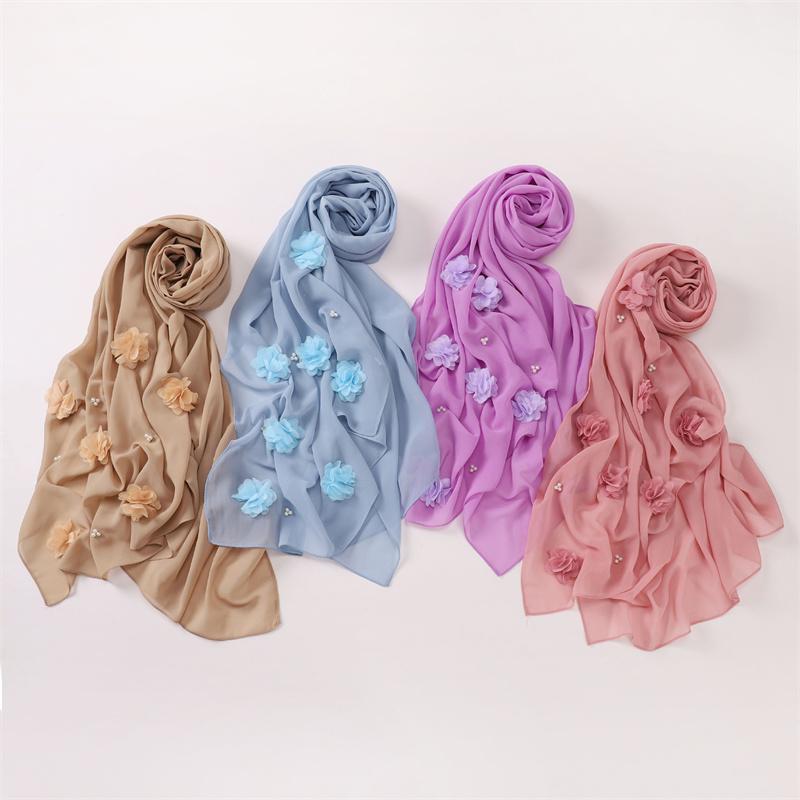 Einfacher Stich Rose Floral Blasen Chiffon Hijab Ramadan Perlen Schals Tücher Damen Sonnenschutz Kopftuch Outdoor Winddicht Kopfwickel