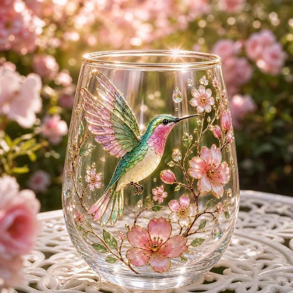 Glasbecher mit Kolibri und Blumenmuster, handbemalt, dekoratives Trinkglas mit Goldrand für den täglichen Gebrauch und besondere Anlässe