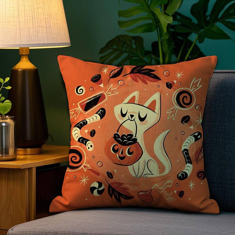 Halloween Cute Lively Orange Cat Pillow Case Plush Fabric Soft Double Sided Print Sofa Cushion Cover Throw Pillow Covers