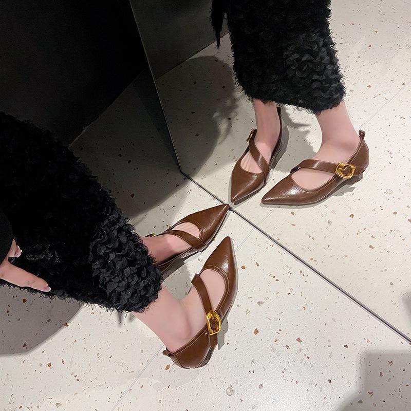Fashion Mary Jane Shoes Low-heeled Soft-soled Single Shoes Women's New Pointed and Versatile Mary Jane Women's Shoes Large-size Flats