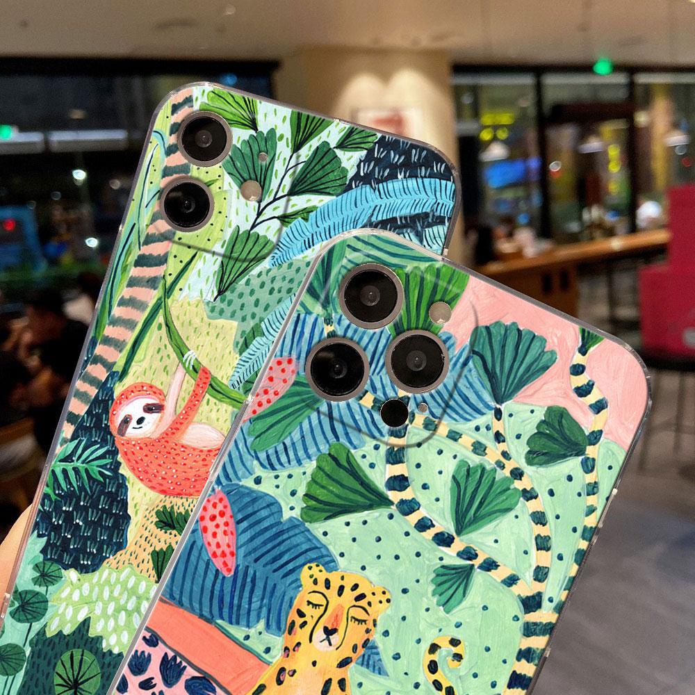 Tropical Jungle Print Leopard Sloth Clear Phone Case For iPhone 15 14 11 12 13 Pro Max Mini XS XR 8 7 Plus Back Cover Soft Cases