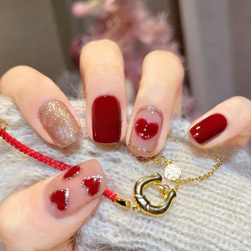 

Red Glitter Heart Press-On Nail Tips: Short, Versatile, and Festive Nail Art Stickers