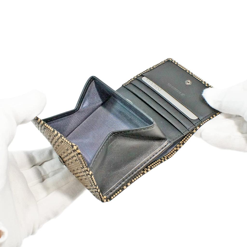 [Inden-ya] Inden Bifold Wallet with H-shaped Bill Compartment and Box-Shaped Coin Purse, Deerskin Leather, Black with White Lacquer, Small Checkered