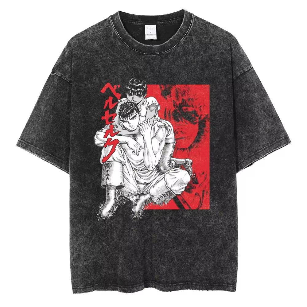 Berserk Anime Guts Charakter Vintage Gewaschenes Baumwoll-T-Shirt Retro Manga Grafik Sommer Kurzarm Locker Geschnittene Oberteile Für Männer Frauen Tägliche Freizeitkleidung