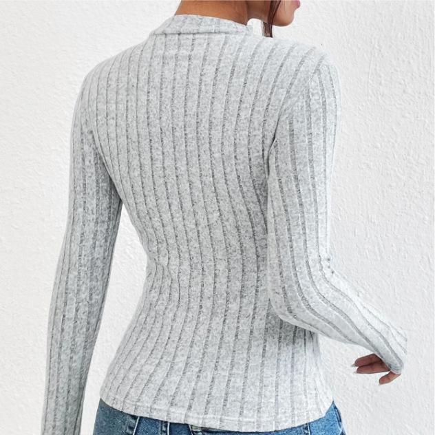 IHUASU Women's Autumn Premium Feeling Personalised Neck U Neck Long Sleeve Pitted Stripe Gripped Wool Knit T-Shirt