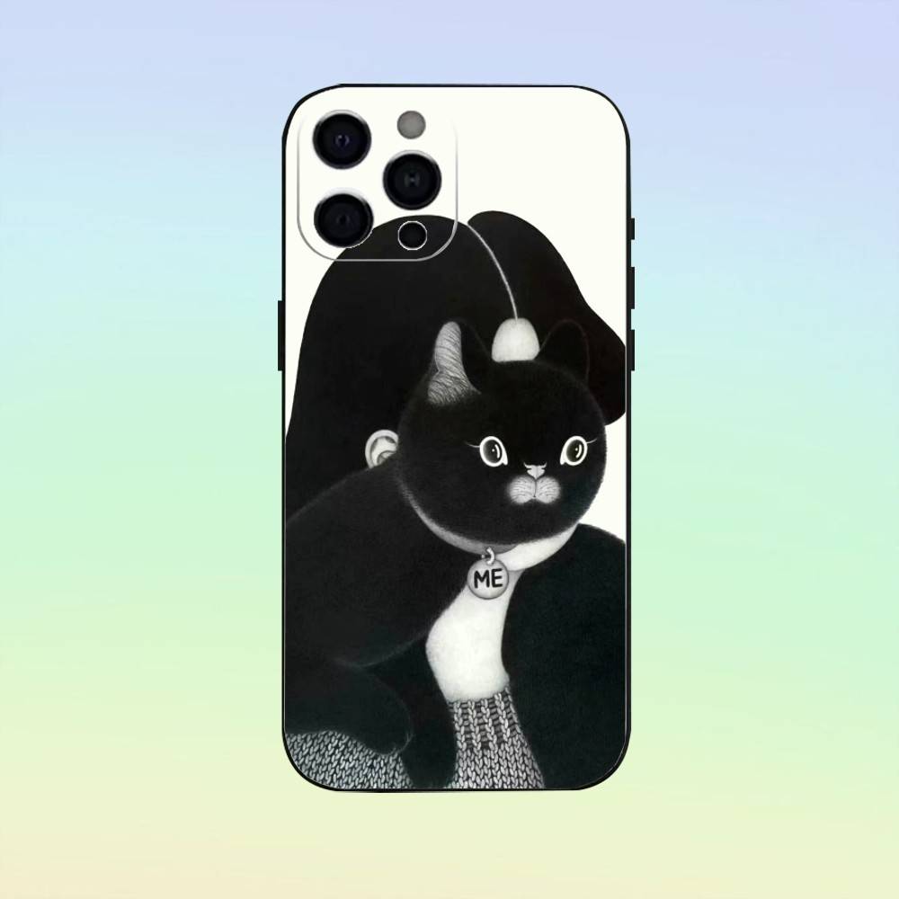 Cute Cat by Artist Park Sung-O Phone Case For iPhone 17,16,15,14,13,12,11 ,Soft Silicone Black Cover