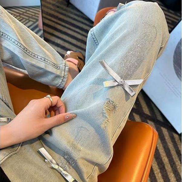 

Women s Retro Bow Hole Ripped Jeans - Summer Nostalgic Style, Straight Leg L светло-синий