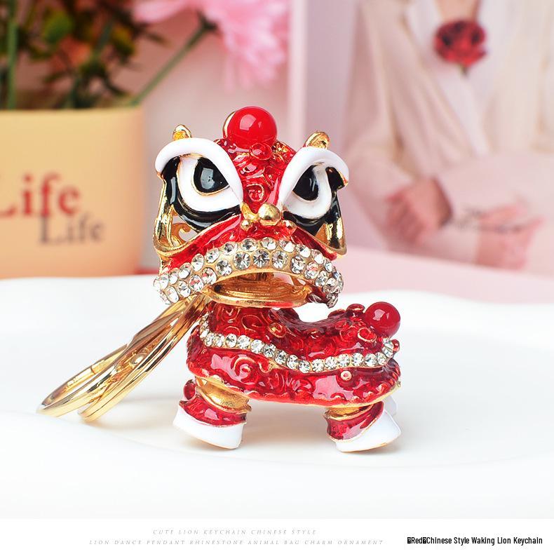 Erwachtes Löwentanz Strass Schlüsselanhänger - Niedlicher Chinesischer Drachenball Löwen Anhänger
