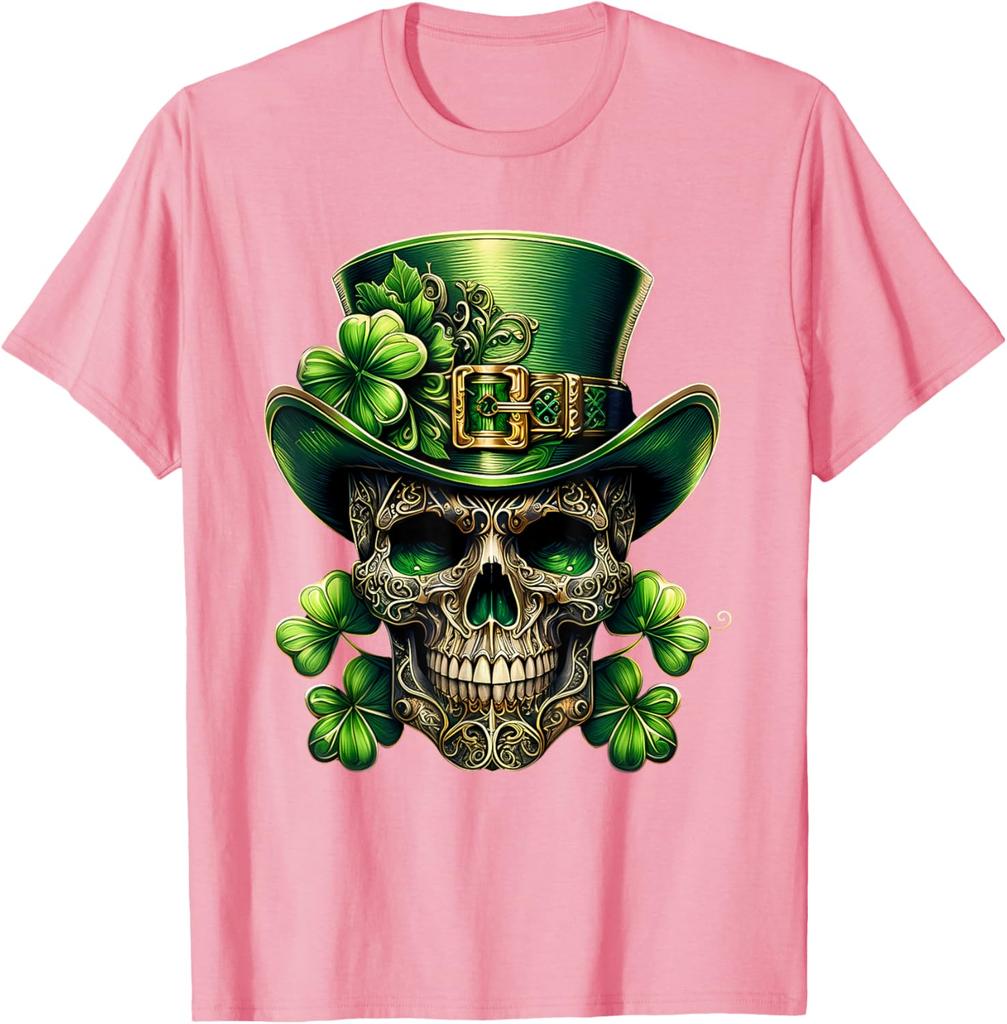 Leprechaun Skull St Patrick Day Shamrock Graphic Print Men's Cotton T-Shirt Daily Wear