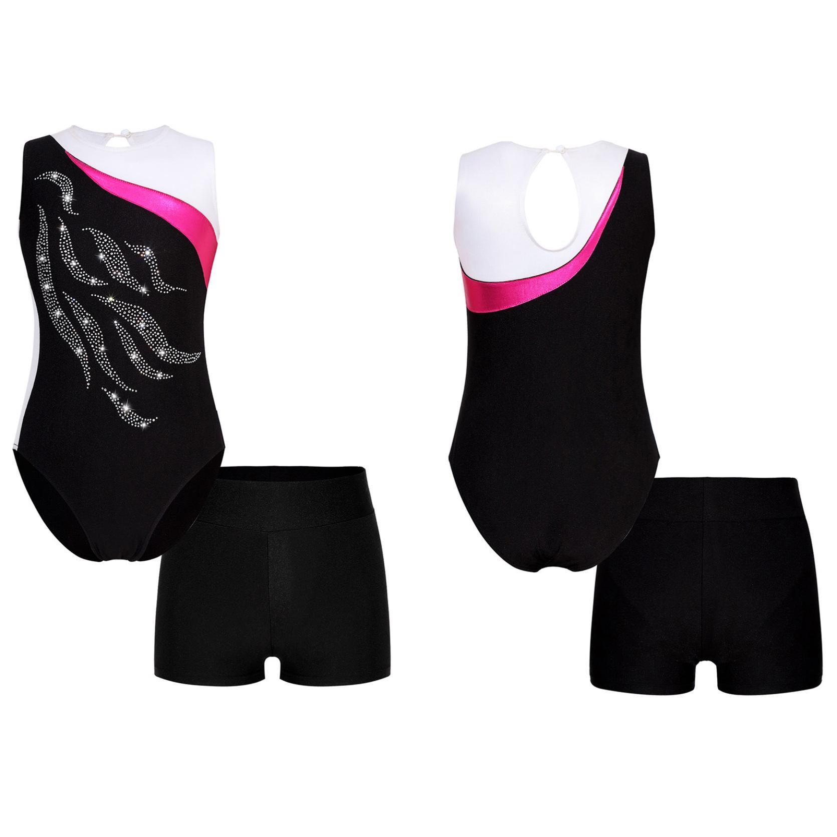 

Детская одежда для танцев и катания на коньках для девочек, купальник без рукавов с круглым вырезом в стиле пэчворк, комбинезон и шорты 11-12 Years чёрный/белый