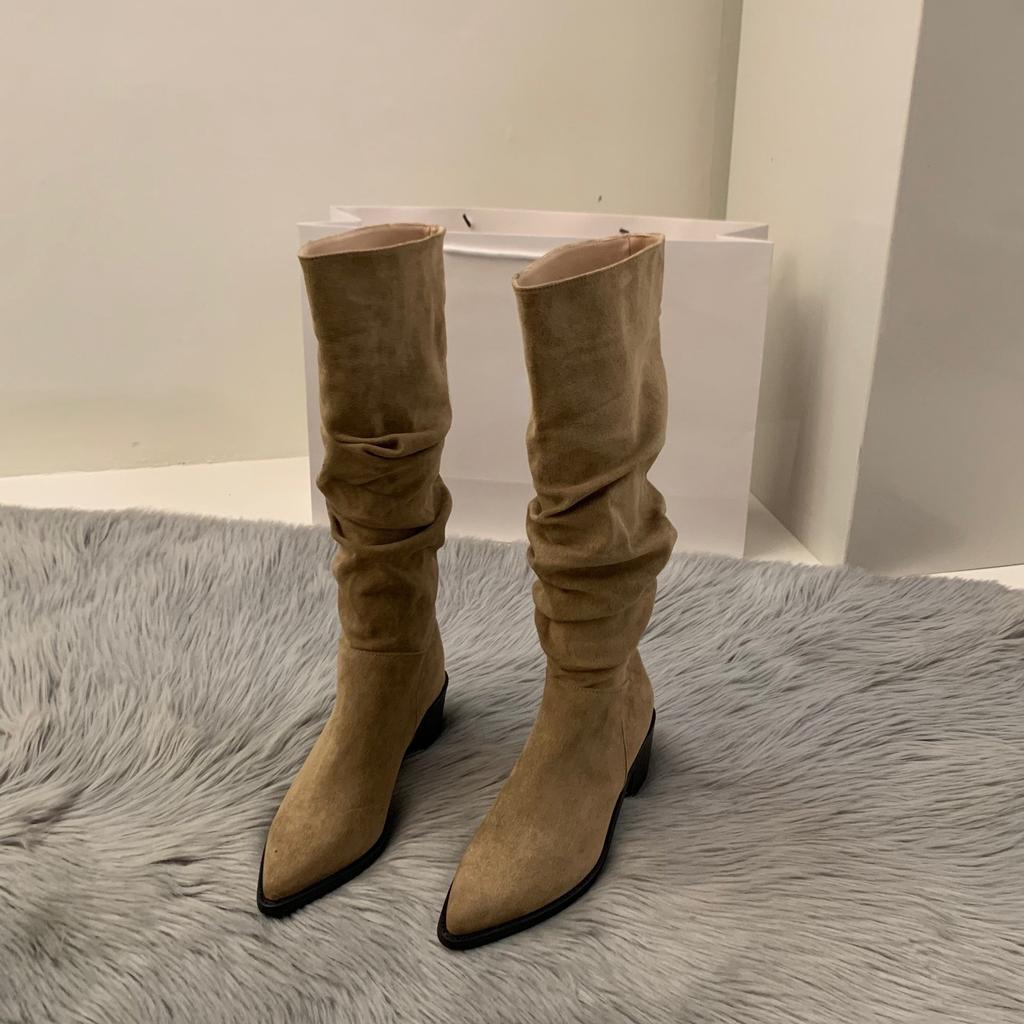 High Heel Suede Western Medium Boots Women's Season Fleece Pointed Pile Long Tube Knight Boots