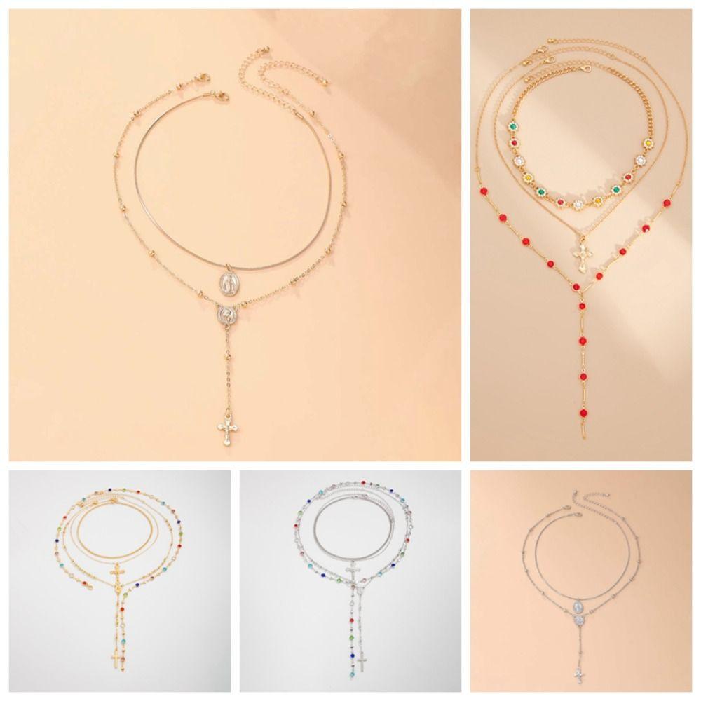 Rhinestone Metal Stacked Necklace Y2K Zinc Zinc Alloy Neck Pendant Beads Stacked Collarbone Chain  Women