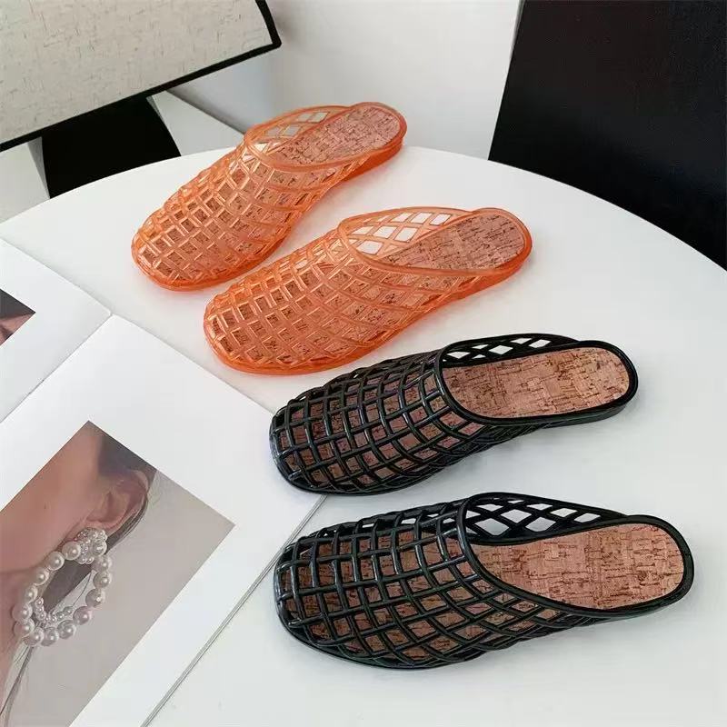Fashion 2026 Women's New Luxury  Flat Slippers with Hollow PVC Breathable Summer Outerwear Baotou Bag and Casual Slippers