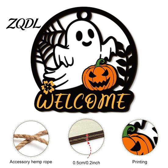 Autumn Seasonal Welcome Decor Halloween Ghost Pumpkin Round Wooden Door Hanger, Wall Plaque Hanging with Rope Rope, for Front Living Room Party