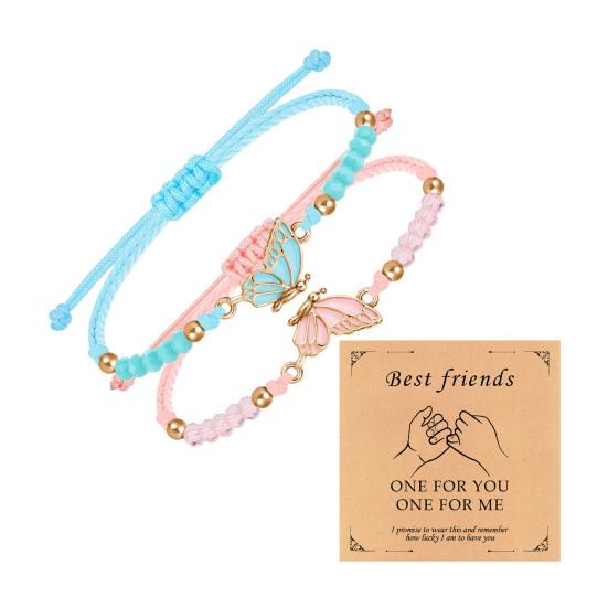 2Pcs/Set Couple Bracelet Adjustable Wax Rope Butterflies Pendant Friendship Love Bracelet with Blessing Card Bestie Matching Jewelry