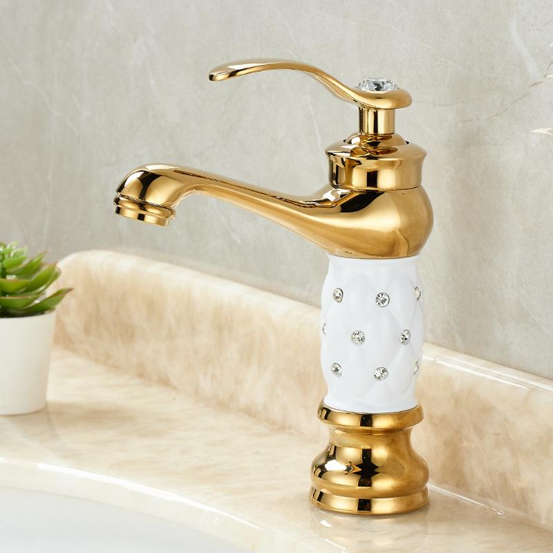 Baterii Europene pentru Lavabo de Baie Aurii Baterii Mixere Decor Diamant Crom Mâner Unic Cald și Rece Montare pe Deck