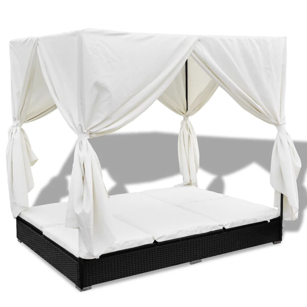 Outdoor Double Sun Lounger with Canopy and Curtains Poly Rattan Black