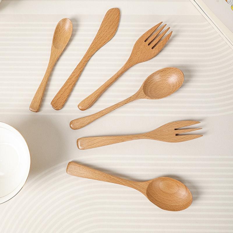 Wiederverwendbares Besteck Messer Gabel Löffel Tragbar Schlichter Rustikaler Stil Buche Holz Geschirr Reise Geschenk