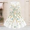 Women Plus Size V Neck Long Sleeve Black White Printed A Line Flared Dress With Belt