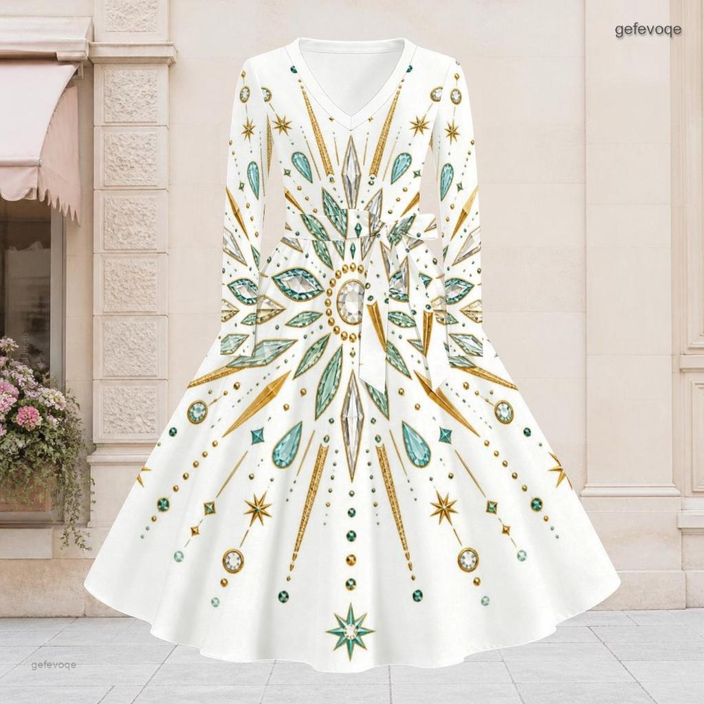 Women Plus Size V Neck Long Sleeve Black White Printed A Line Flared Dress With Belt