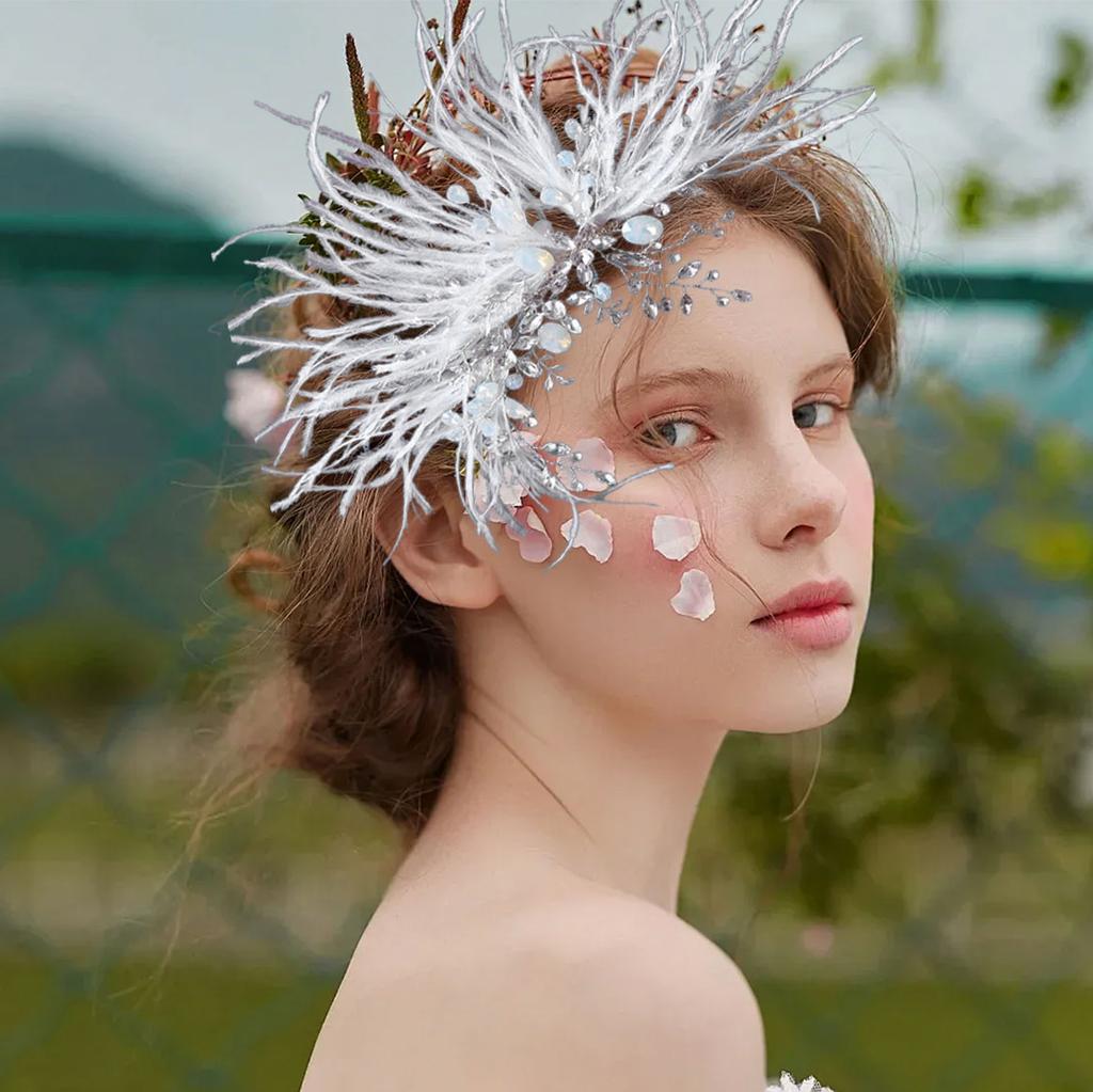 White Feather Tiaras Crystal Hair Clip for Bridal Stylish Wedding Headpiece Accessories Engagement Party Hair Accessory