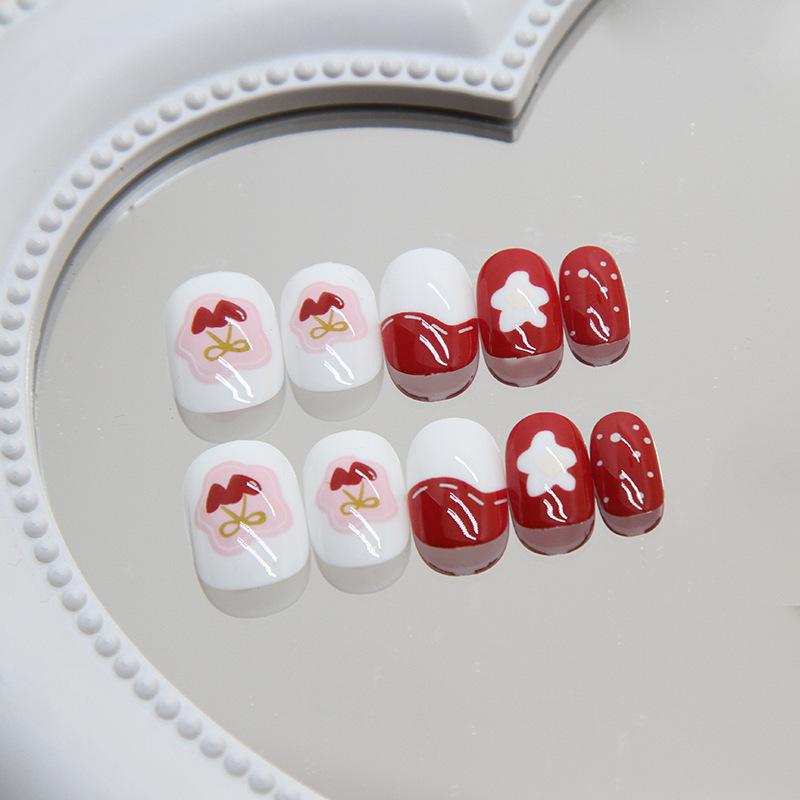 24 Pcs Cute Nail Art Wearing Nail Art Children's Fake Nail Art Tablets Nail Tablets Red Polka Dots Strawberry Nail Art Patches 24 Tablets