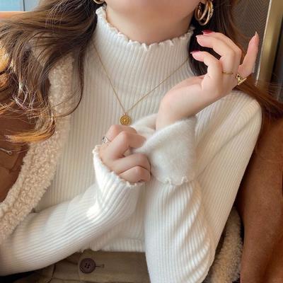Modisches Strick-Unterhemd mit halbem Rollkragen für Damen Herbst und Winter neu Fleece verdickt integriertes Fleece Pullover