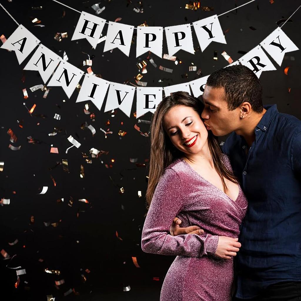 White Happy Anniversary Banner, Perfect for Anniversaries, Birthdays, and Baby Showers