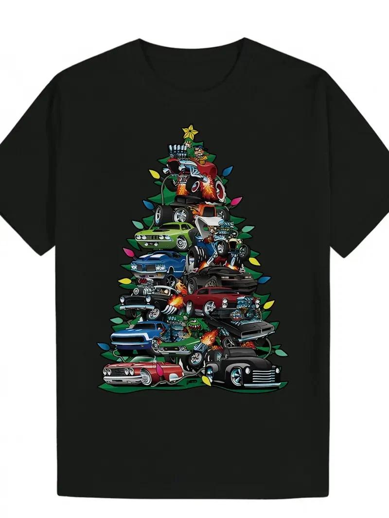 Men s Vintage Christmas Car Tree Print T-Shirt - Black Retro Automotive Holiday XL