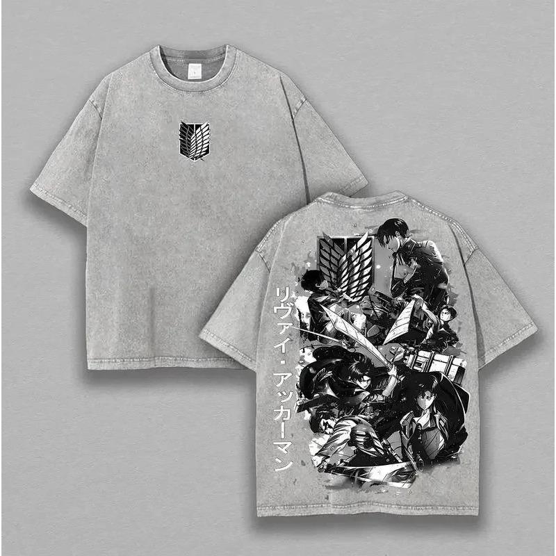 Hot Anime Attack On Titan Levi Ackerman Print T-shirt Men Short Sleeve Clothing Cotton Tshirt Retro Washed T Shirt Manga Tops